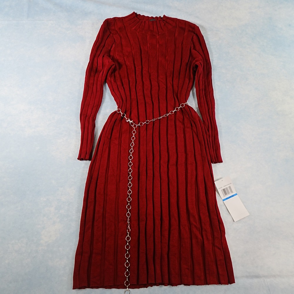 Nina Leonard Womens XL Red Ribbed Sweater Dress Mock Neck Chain Belt NWT